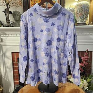Vintage 90s Holiday Top Blue Turtleneck with Blue and Silver Snowflake Design
